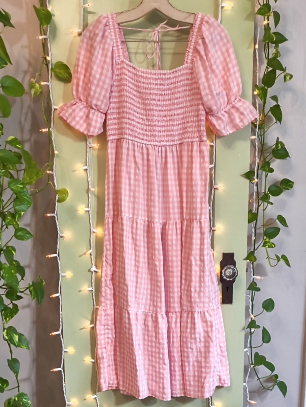 Women's Zesica Pink White Gingham Checker Prairie Farm Girlie girl Dress M